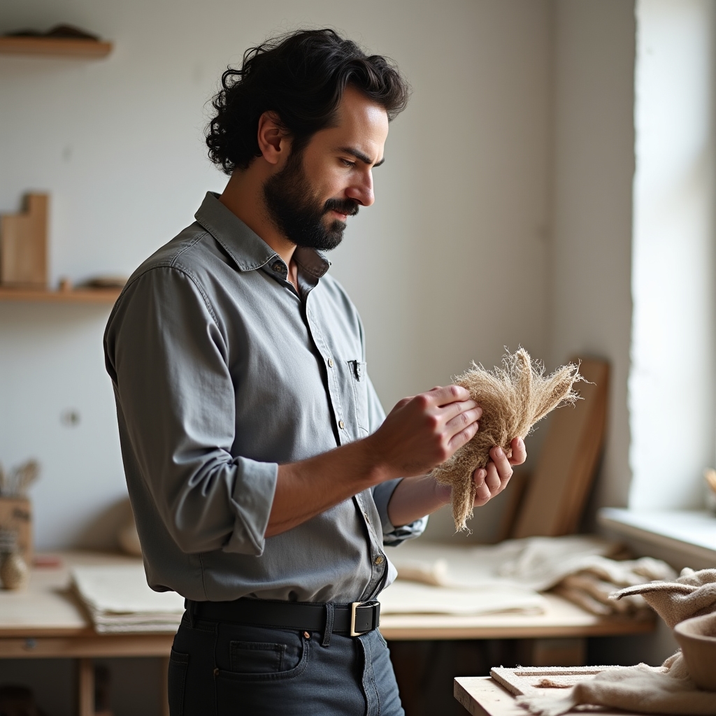 Meșteșugar analizând calitatea materiilor prime în atelier